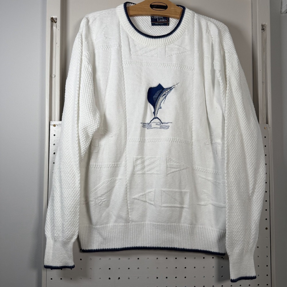 Vintage Cypress Links Sweater Men's Large White Knit Marlin Embroidered Pullover